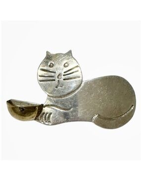 Taxco Mexico Cat Brooch Sterling Silver Signed